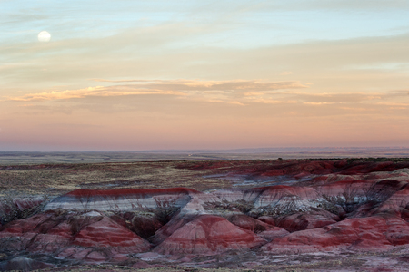 Moon over Painted Desert in Petrified Forest National Park, Arizonaの写真素材