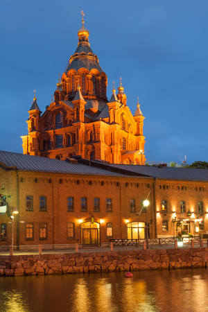 Uspenski cathedral of Finnish Orthodox church by Helsinki harbor in June, Finlandの写真素材