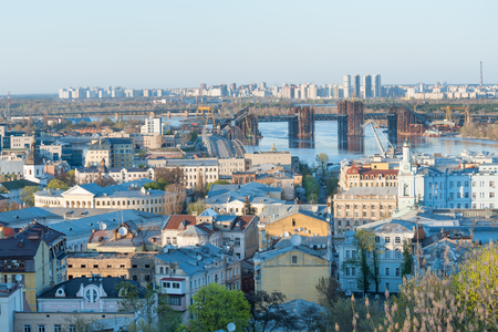 Panoramic view of historic district Podol by the Dnieper river, Kiev, Ukraineの写真素材