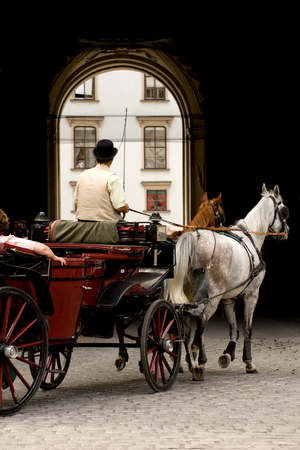 Horsedrawn carriage on the Michaelerplatz by the Hofburg Palace, Viennaの写真素材