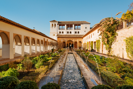 Courtyard and fountains of Generalife palace in Alhambra, Granadaの写真素材