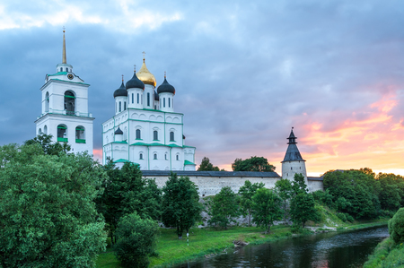 Ancient Pskov Kremlin and river Pskova at twilight, Russiaの写真素材