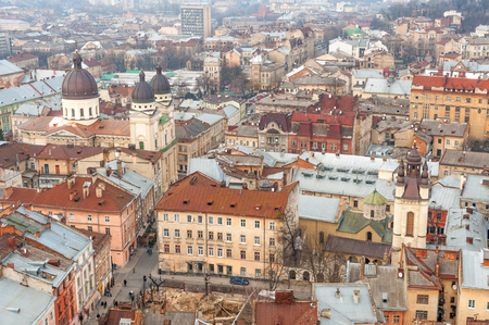 Market Square and surrounding historic buildings in the center of old Lvov, Ukraineの写真素材