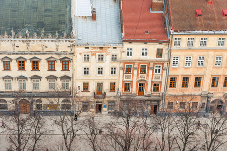 Market Square and surrounding historic buildings in the center of old Lvov, Ukraineの写真素材