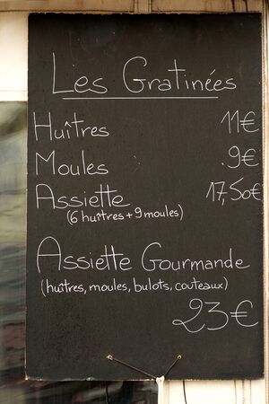 Restaurant menu in oyster producing village Bouziges on French coastの写真素材
