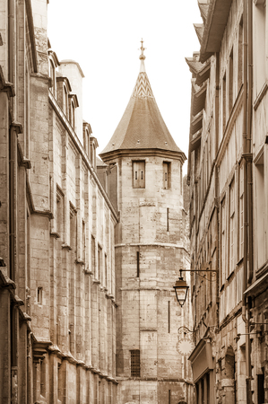 Saint Romain street by the Notre-Dame cathedral in old historic part of Rouen, Franceの写真素材