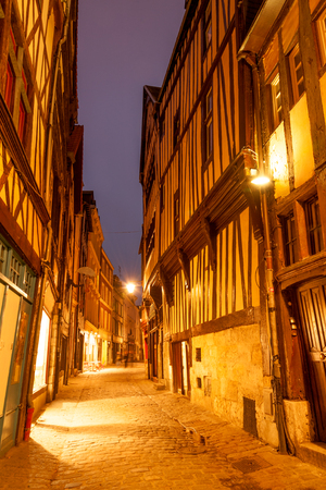Old timberframe houses on Rue Damiette in historic part of Rouen, Franceの写真素材