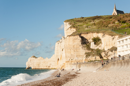 Notre Dame de la Garde church on chalk cliff by the beach of Etretat, Normandy, Franceの写真素材