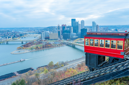 View of historic Duquesne Incline car and Pittsburgh panorama from the observation deckのeditorial素材