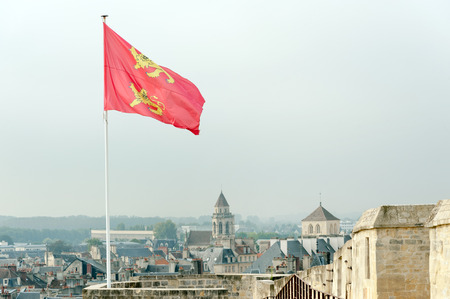Normandy flag above Chateau de Caen (Caen Castle) built by William the Conqueror, Caen, Franceのeditorial素材