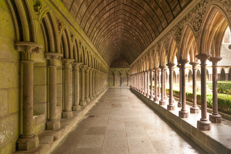Cloister garden of famous Mont Saint-Michel abbey, Normandy coast, Franceのeditorial素材