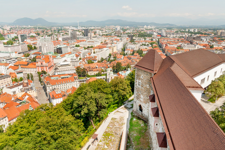 Part of Ljubljana castle and summer panorama historic Ljubljana center from the Castle Hill, Sloveniaのeditorial素材