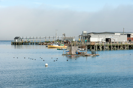 Lobster processing facility and fishing boats in Prospect Harbor in northern Maine, USAの写真素材