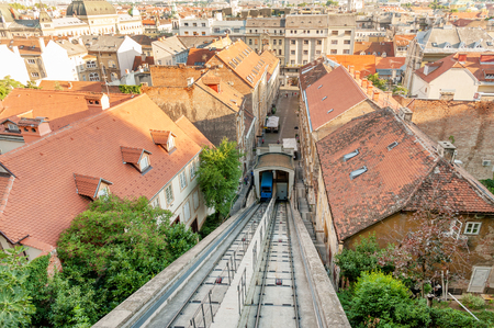 Panoramic view of Zagreb, Tomic street and Zagreb funicular connecting Lower and Upper historic parts of the city, Croatiaの写真素材