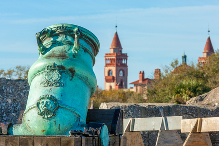 Spanish bronze alloy mortar from Castillo de San Marcos overlooking Flagler college in historic Saint Augustine, Florida, USAのeditorial素材