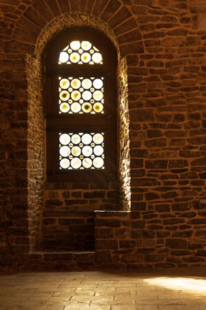 Window detail of interior hall, medieval castle in Ghent, Belgiumのeditorial素材