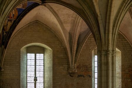 Gothic inner hall with vaults and mica windows of medieval Palace of Popes, Avignon, Franceのeditorial素材
