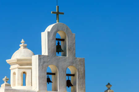 White bell tower of Mission San Xavier del Bacの写真素材