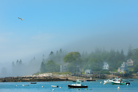 Fishing boats anchored in Bass Harbor with the namesake village in mist, Mount Desert Island near Acadia National park, Maine, USAの写真素材