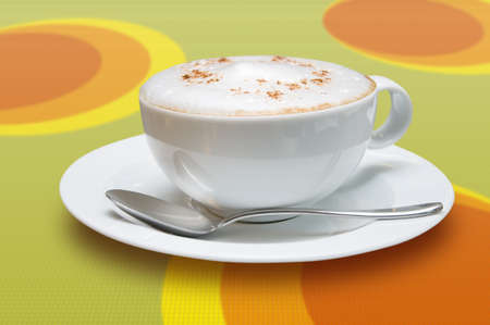 cup of cappuccino with spoon on color backgroundの写真素材