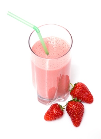strawberry milk shake with three strawberries isolated on white backgroundの写真素材