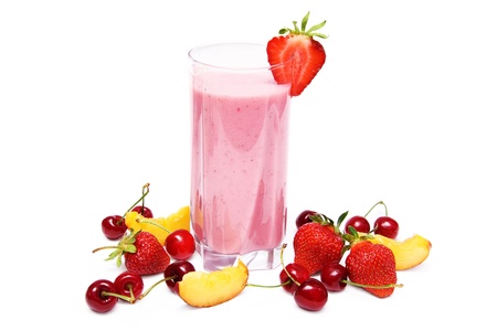 Fruit smoothie with  cherry, strawberry and  peach isolated on white backgroundの写真素材