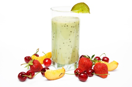 Fruit smoothie with  cherry, strawberry and  peach isolated on white backgroundの写真素材