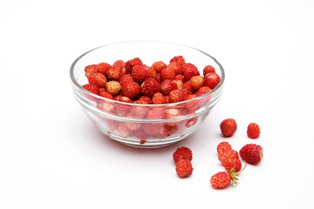 wild strawberries in a glass bowl isolated on a white backgroundの写真素材