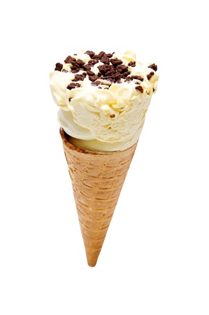 Ice cream cone with a scoop of chocolate chip - closeup isolated over whiteの写真素材