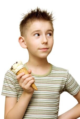 Cute boy with ice cream in his hand isolated on whiteの写真素材