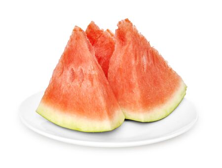 three slices of watermelon on white plate over white backgroundの写真素材