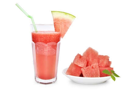 Watermelon smoothie with watermelon slices on white plate isolated on whiteの写真素材