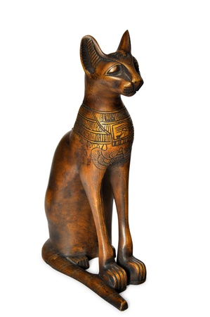 Egypt cat wooden statuette isolated on white backgroundの写真素材