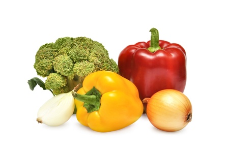 broccoli, bell peppers and onions are isolated on a white backgroundの写真素材