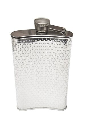 Stainless hip flask isolated on white backgroundの写真素材