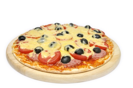 Pizza with tomatoes, sausage and olives isolated on white backgroundの写真素材