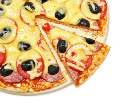 Pizza with a slice removed isolated on white backgroundの写真素材