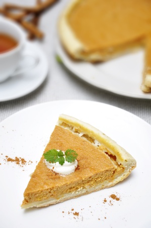 Slice of pumpkin pie with whipped cream and mint served on white plate
の写真素材