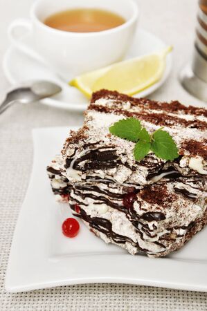 Close-up of homemade chocolate cake in white plates with mintの写真素材