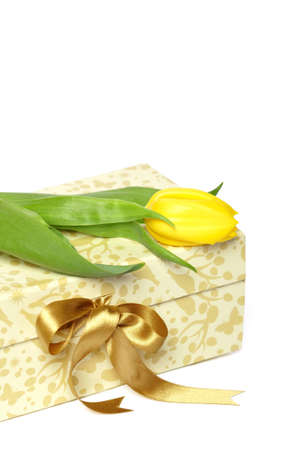 Gift box with yellow tulip over whiteの写真素材