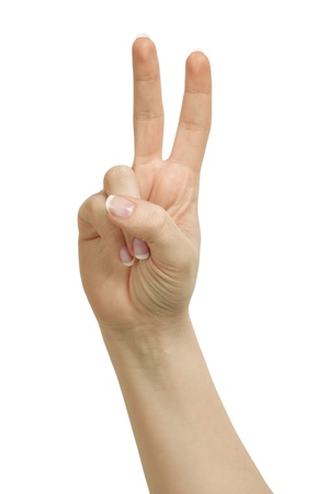 Hand - victory sign isolated on white backgroundの写真素材