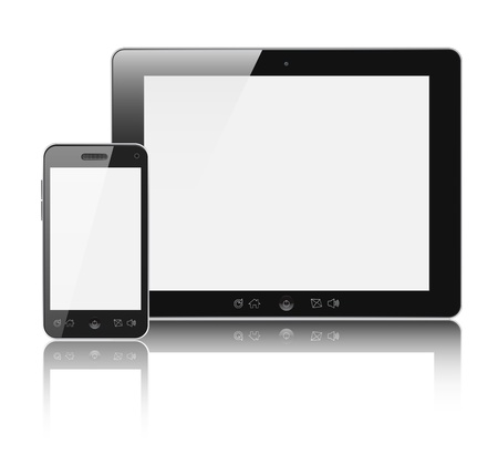 Modern digital tablet PC with mobile smartphone isolated on whiteの写真素材