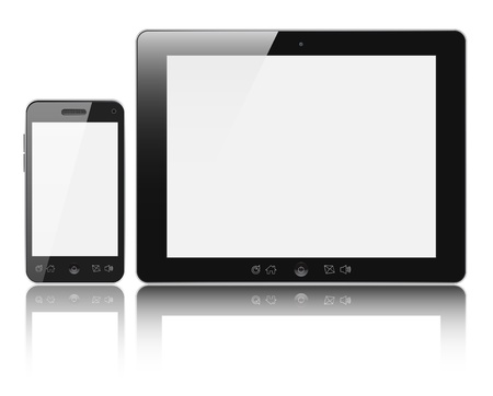 Modern digital tablet PC with mobile smartphone isolated on white background. Clipping path included.の写真素材