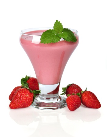 strawberry smoothie over white backgroundの写真素材