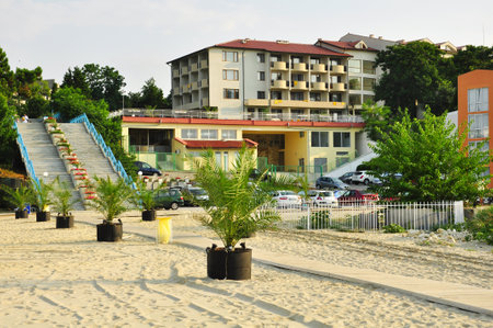 Bulgaria, St. Konstantine and Elena Resort. View of Dolphin hotel from the beach.のeditorial素材