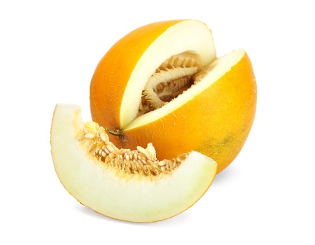 ripe melon with slice isolated on whiteの写真素材