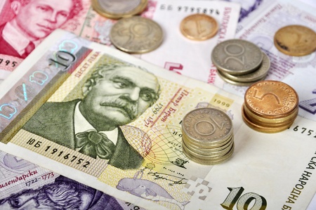 Bulgarian money close up.Ten levs and some coins. Shallow dof. Focus on coinsの写真素材