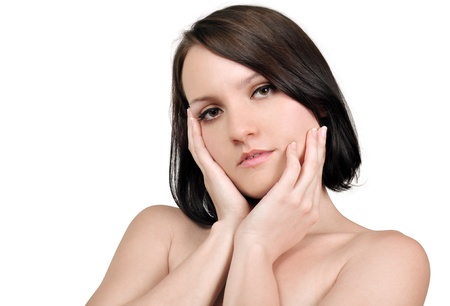 Portrait of beautiful young woman with clean skin on  white backgroundの写真素材