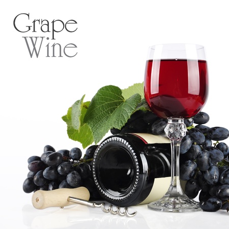 Bottle and wineglass with red wine isolated on whiteの写真素材