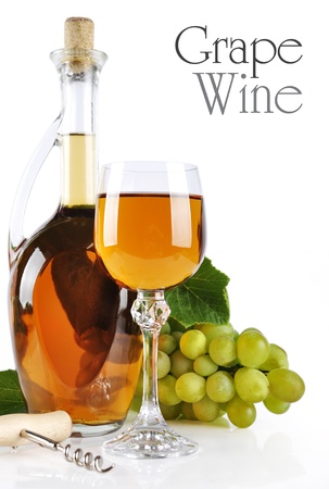 Ripe grapes, wine glass and bottle of wine isolated on whiteの写真素材
